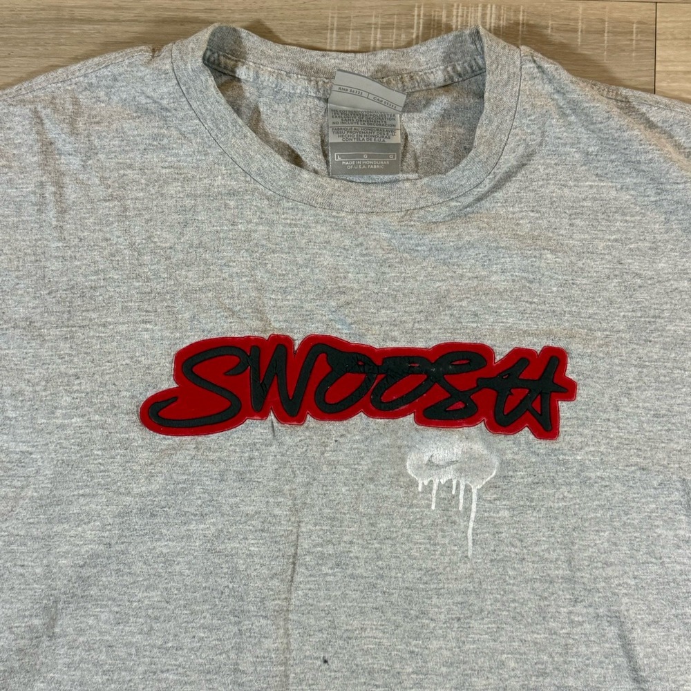 Vtg Nike Center Swoosh Spell Out Logo Mens Sz L Gray T-Shirt Made With USA Fabri